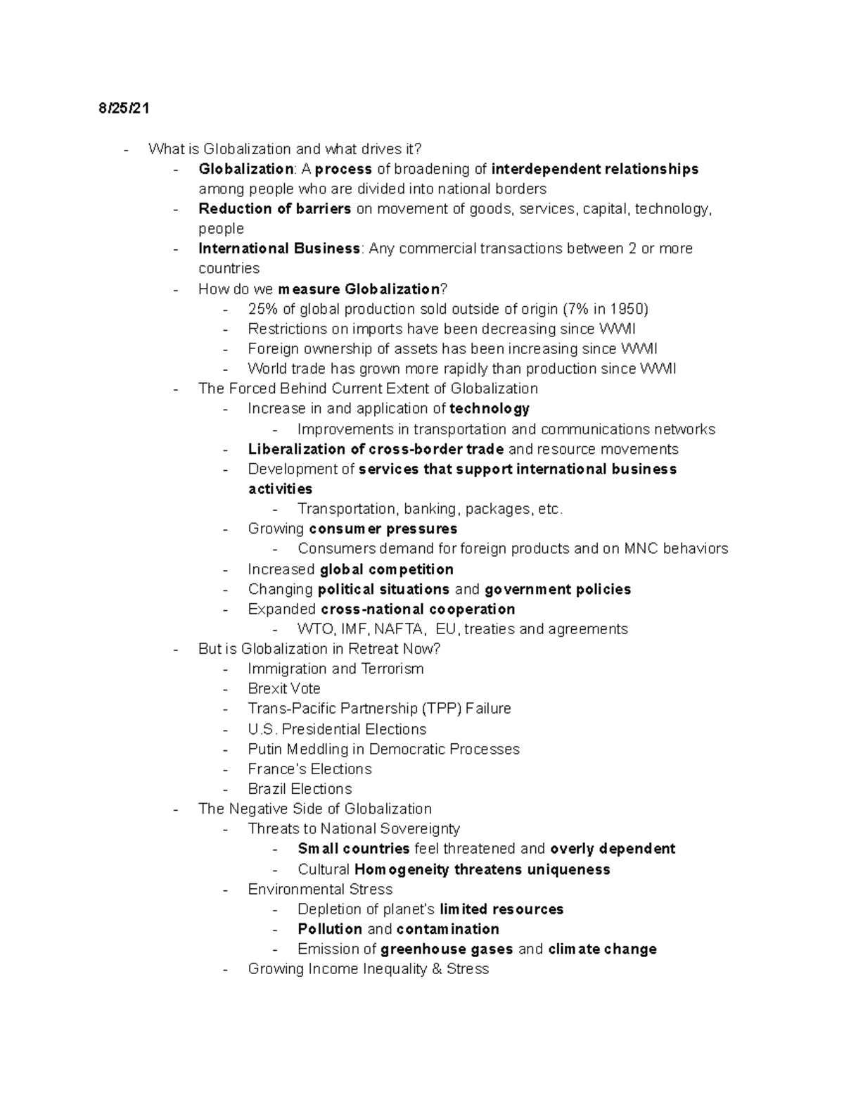 Chapter 1 - notes for class - 8/25/ What is Globalization and what ...