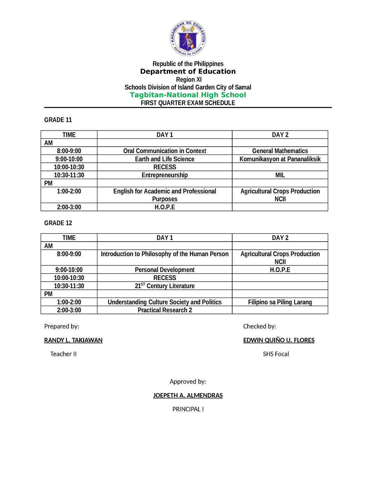 EXAM Schedule - Republic of the Philippines Department of Education ...