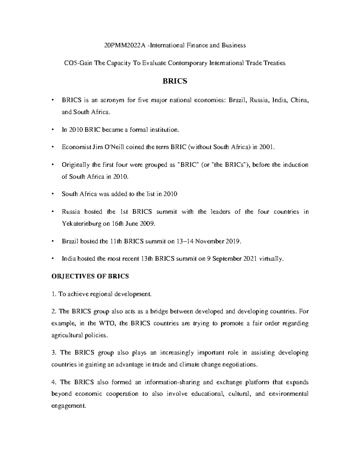 Group 6 - Notes FOR Brics - 20PMM2022A -International Finance and ...