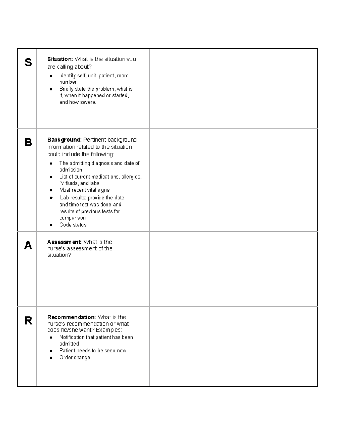 SBAR Template - Google Docs - S Situation: What is the situation you ...