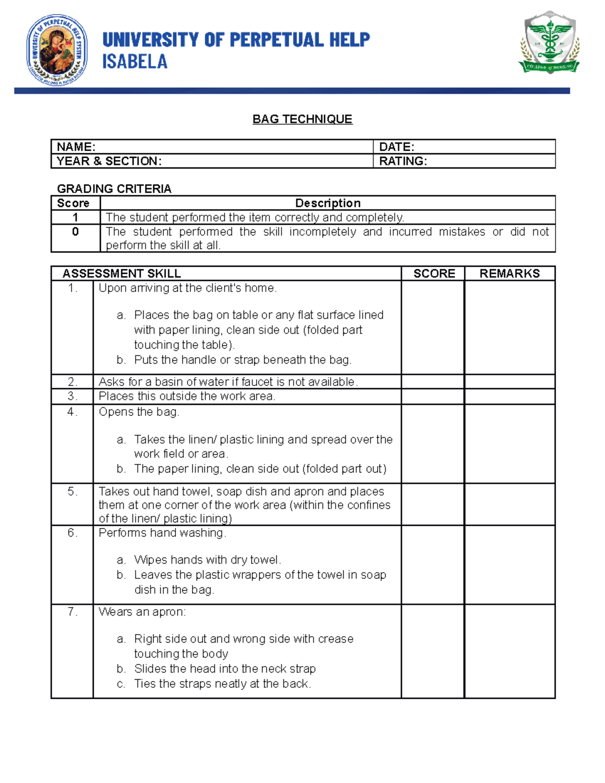 BAG Technique notes BAG TECHNIQUE NAME DATE YEAR & SECTION