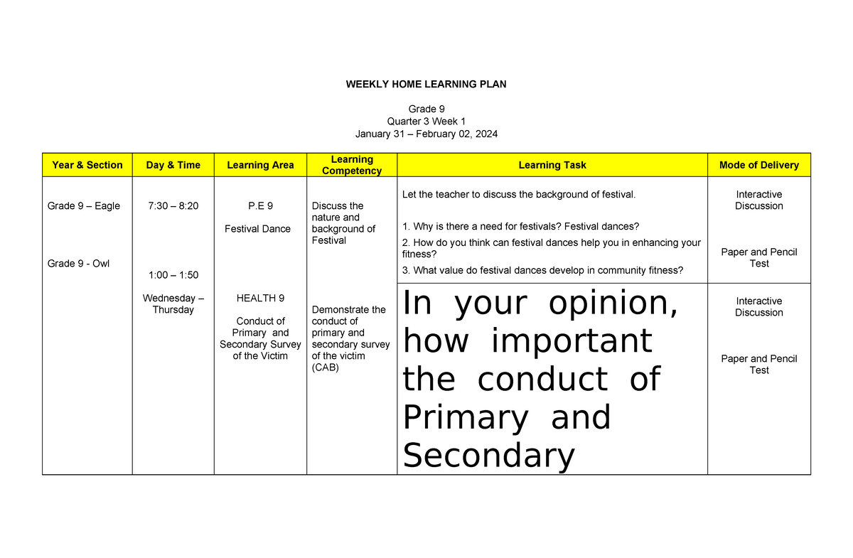 WEEKLY HOME LEARNING PLAN - WEEKLY HOME LEARNING PLAN Grade 9 Quarter 3 ...