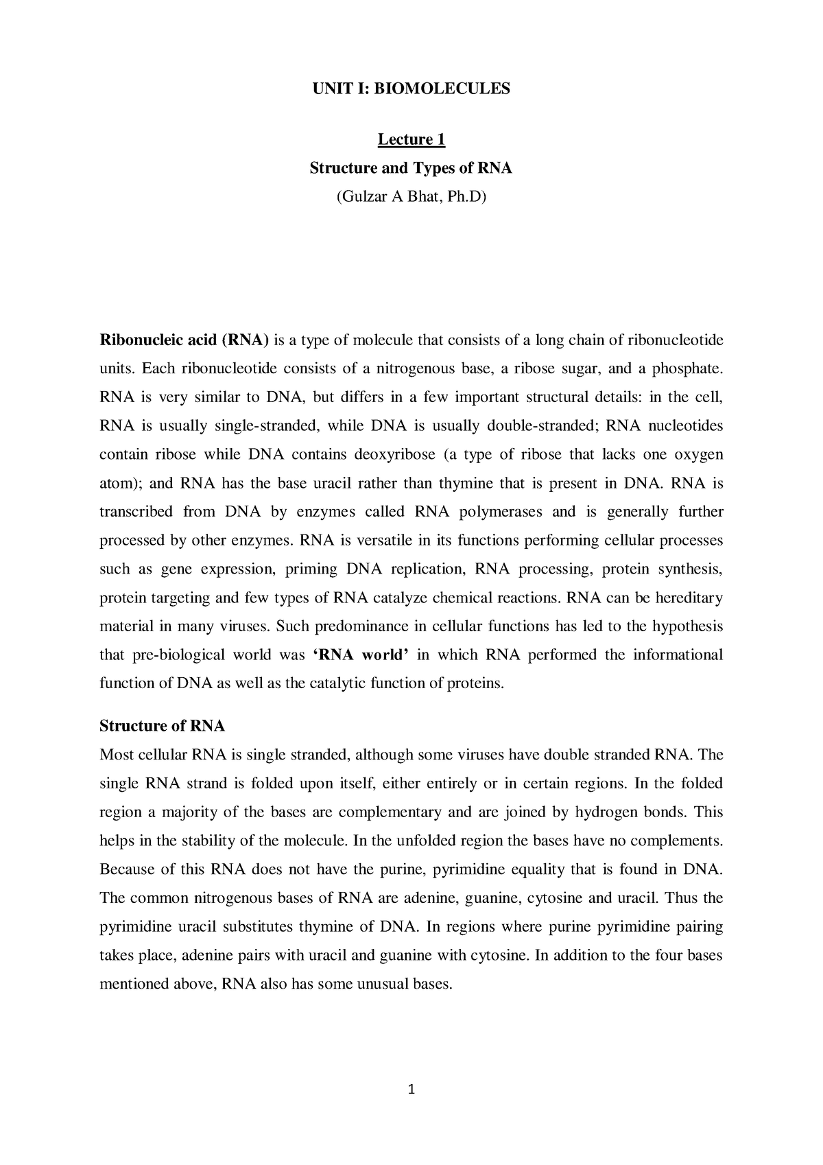 Structure and types of RNA - UNIT I: BIOMOLECULES Lecture 1 Structure ...