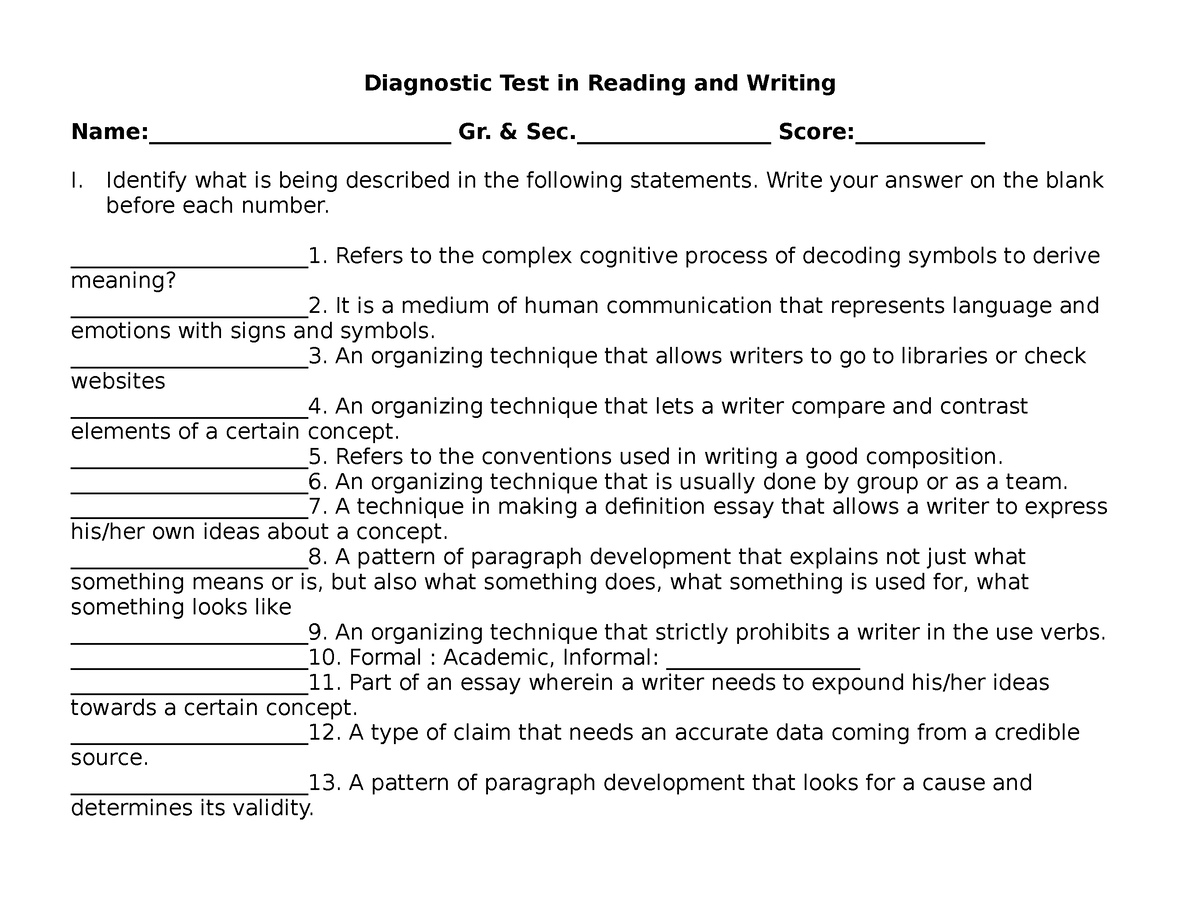 creative writing diagnostic test with answer key