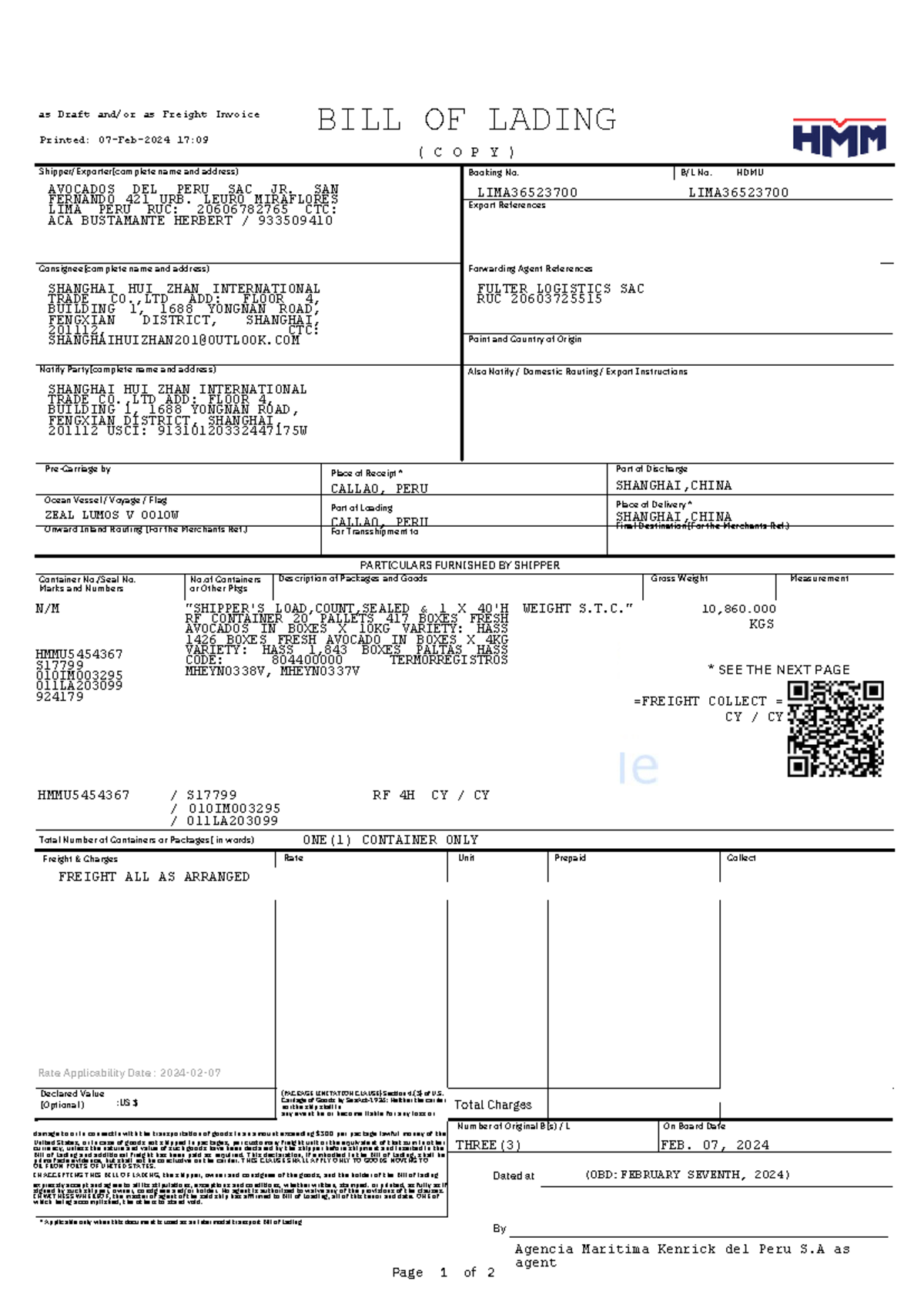 BILL OF Lading Original - BILL OF LADING ( C O P Y ) Pre-Carriage by ...