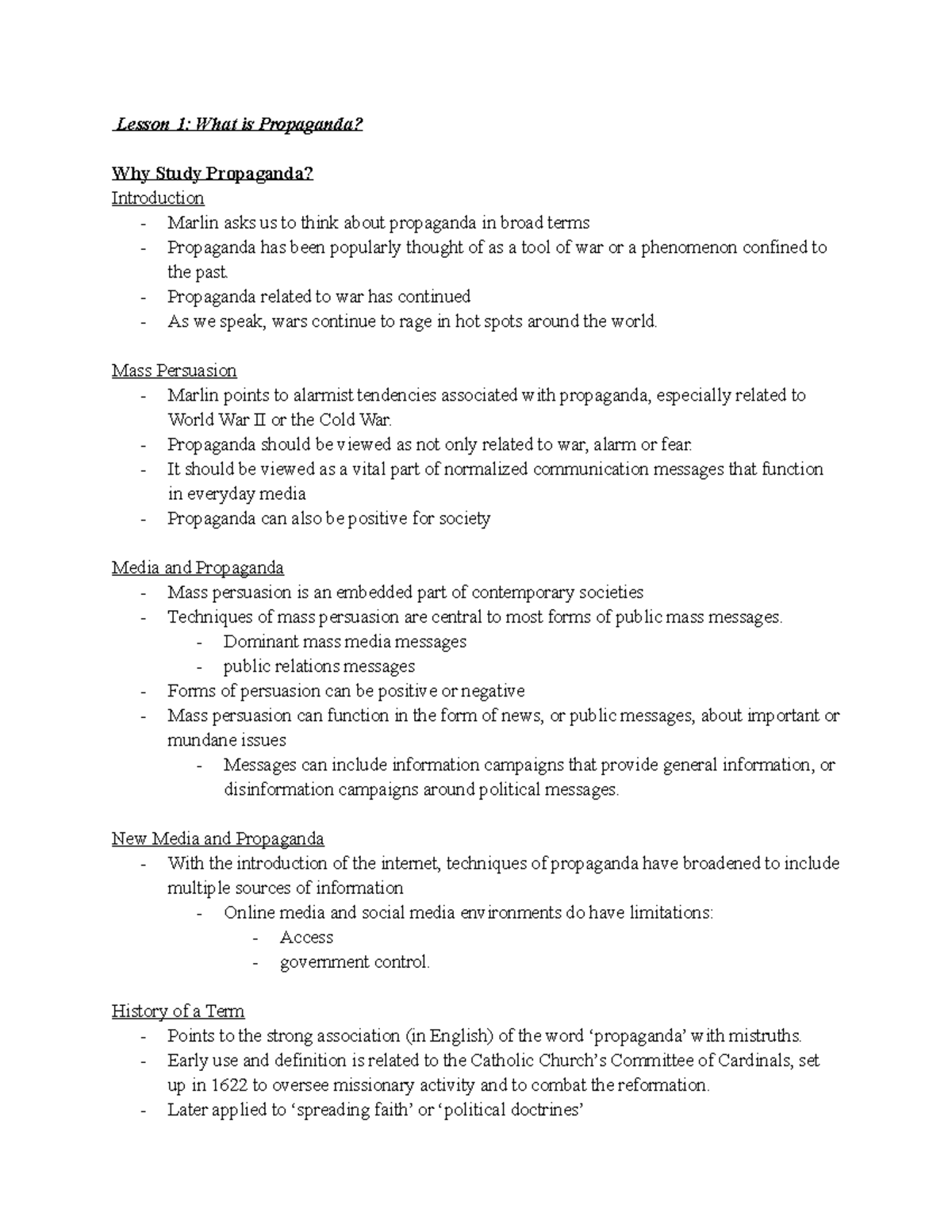COMS 361 Propaganda Notes Lesson 1 What is Propaganda? Why Study