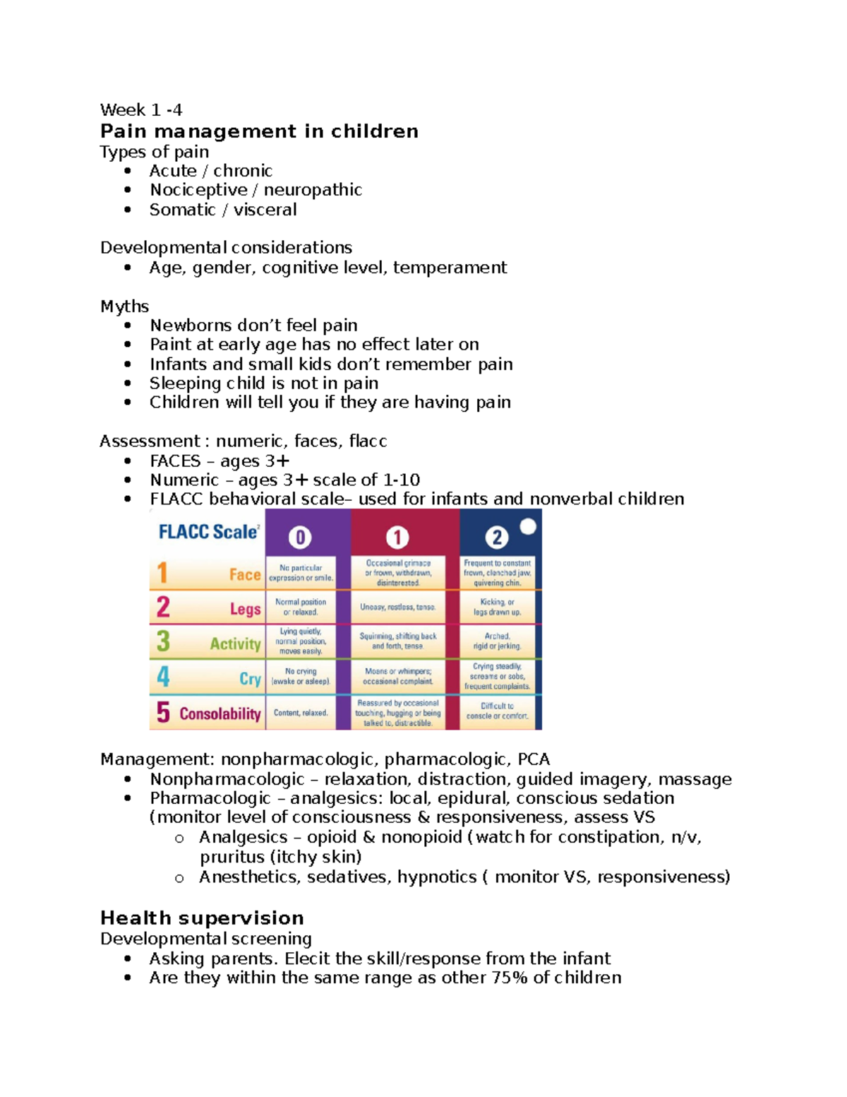 unit 1 lecture notes - Week 1 - Pain management in children Types of ...