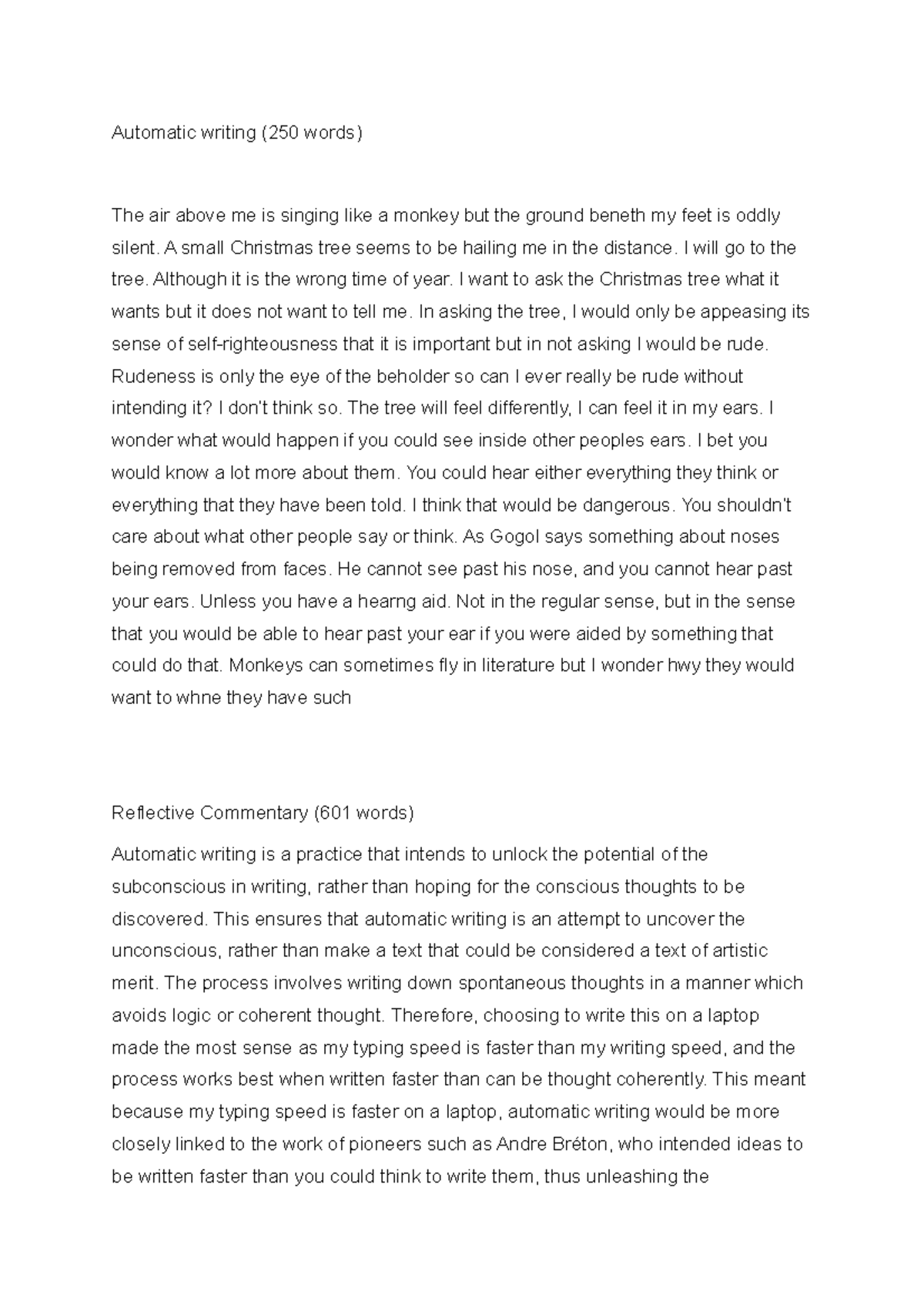 Surrealism portfolio 150316086 Automatic writing (250 words) The