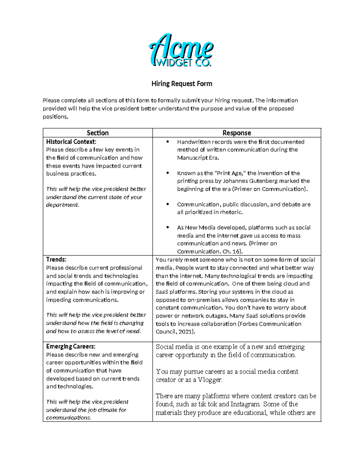 COM 127 Hiring Request Form Mod 7 - Hiring Request Form Please complete ...