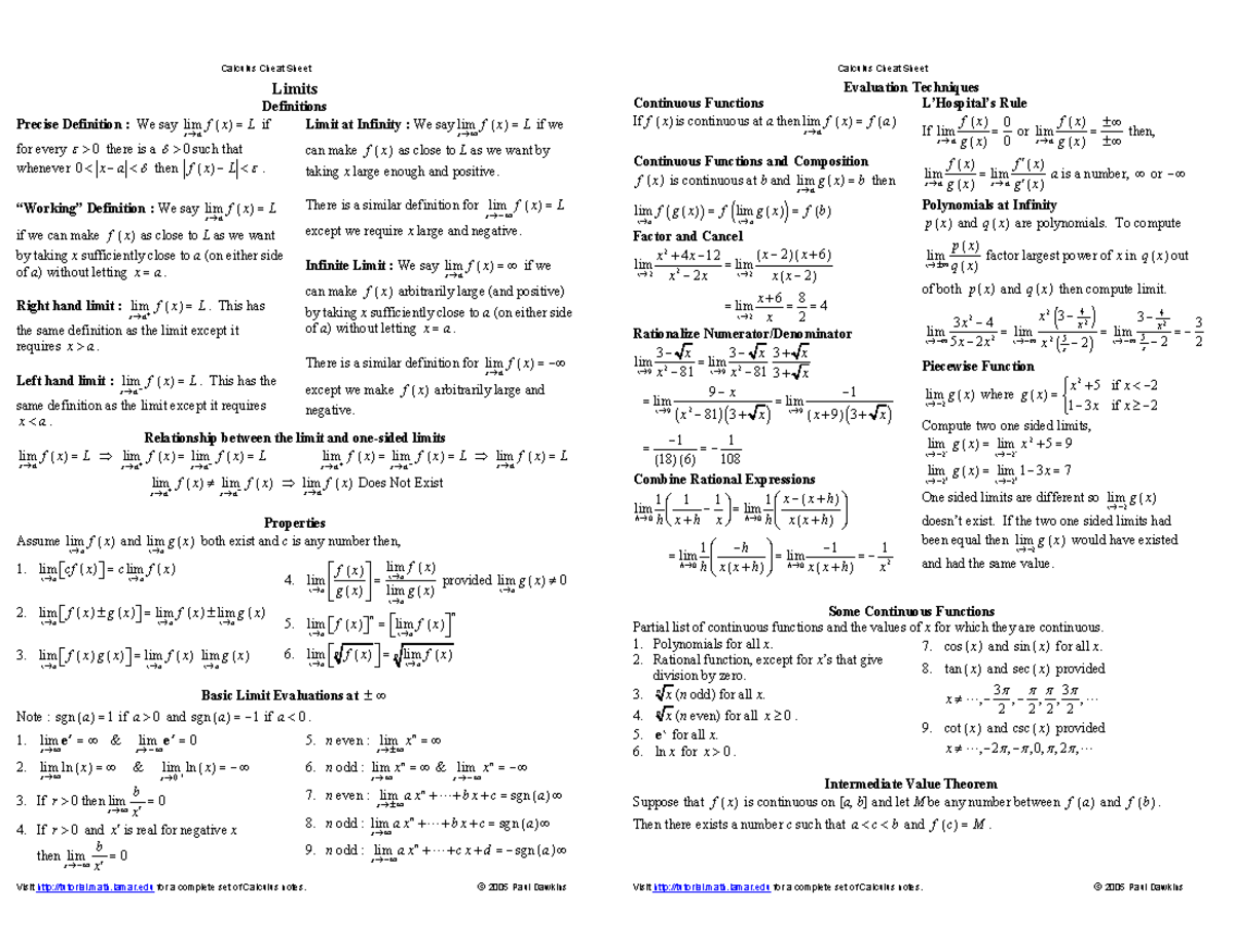 Calculus Cheat Sheet All Reduced - Limits Definitions Precise ...