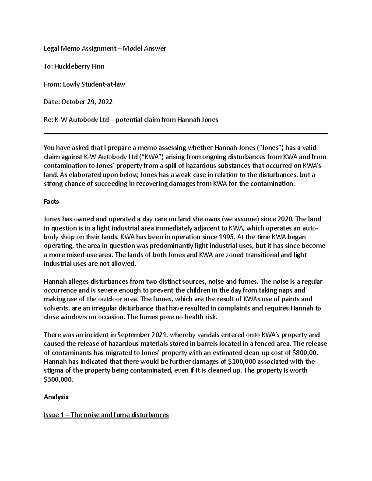 Sample memo Legal Memo Assignment Model Answer To Huckleberry Finn From Lowly Studentat