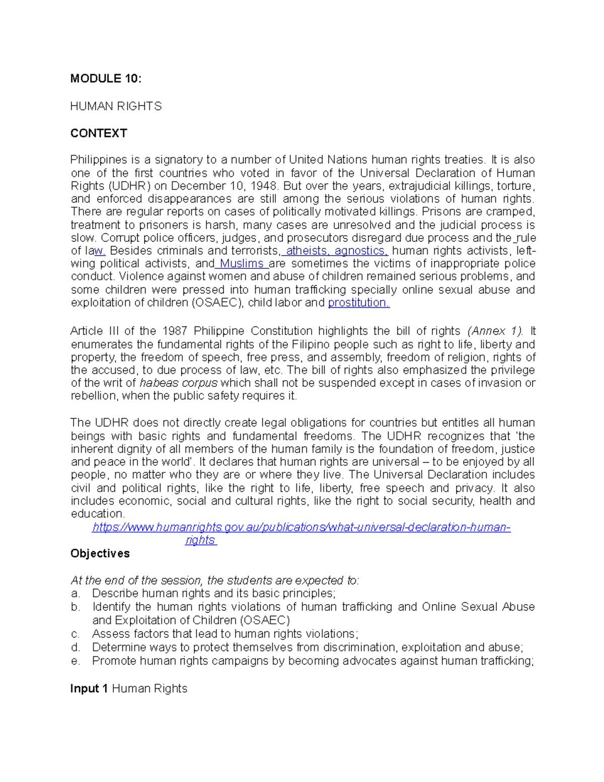 Human Rights - MODULE 10: HUMAN RIGHTS CONTEXT Philippines is a ...