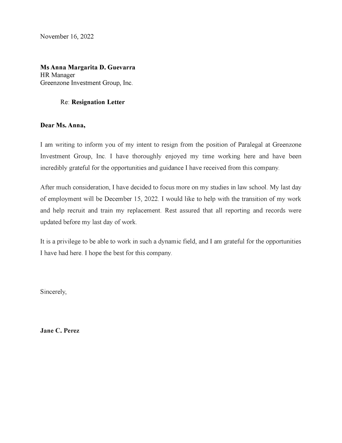 Resignation Letter - November 16, 2022 Ms Anna Margarita D. Guevarra HR ...