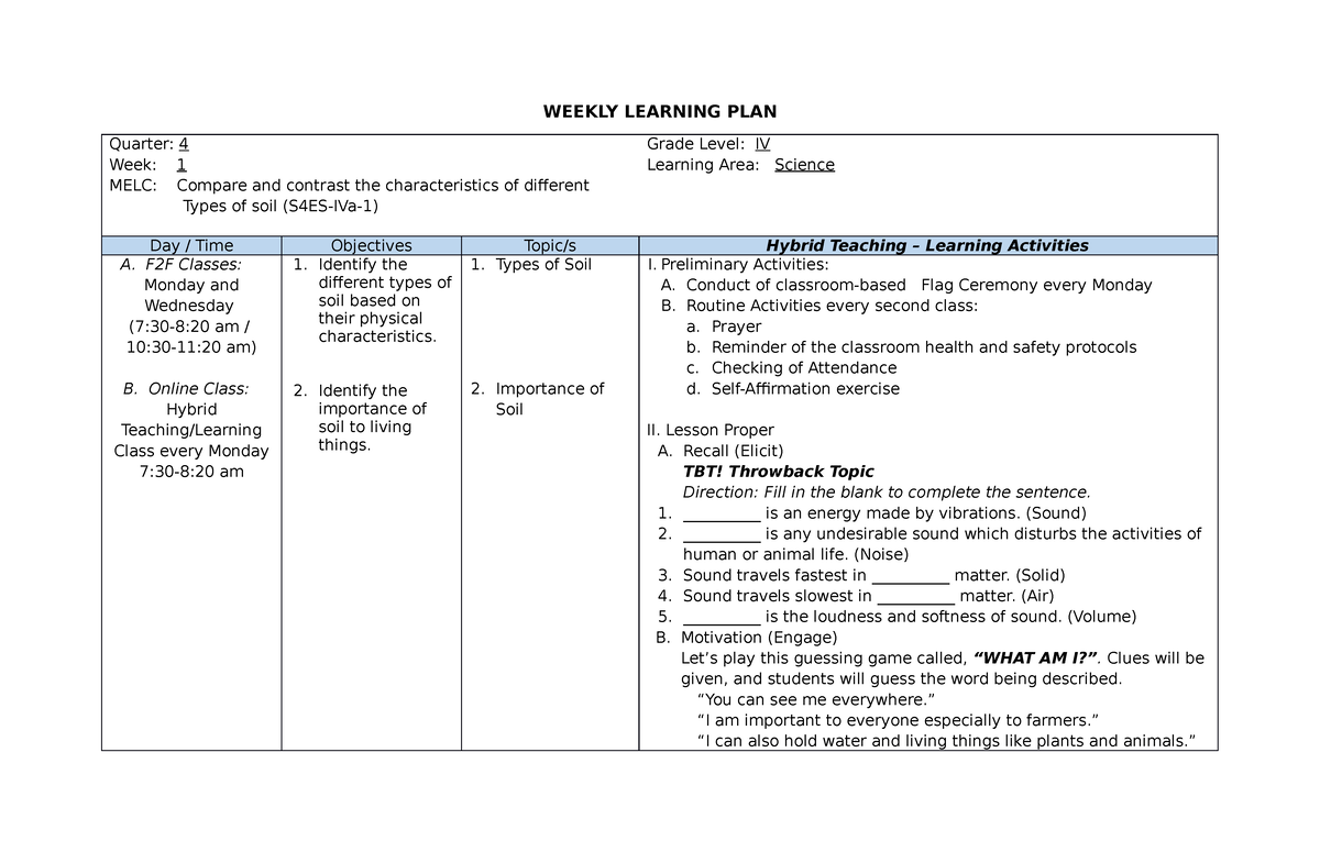 Science-Q4W1-Weekly Learning Plan - WEEKLY LEARNING PLAN Quarter: 4 ...