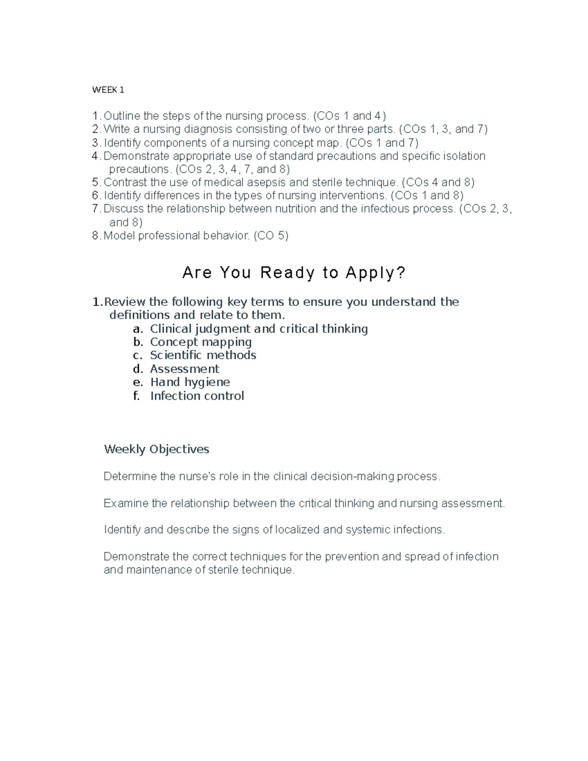 WEEK 1 OBJ - prepare and plan weekly objectives - WEEK 1 1. Outline the ...
