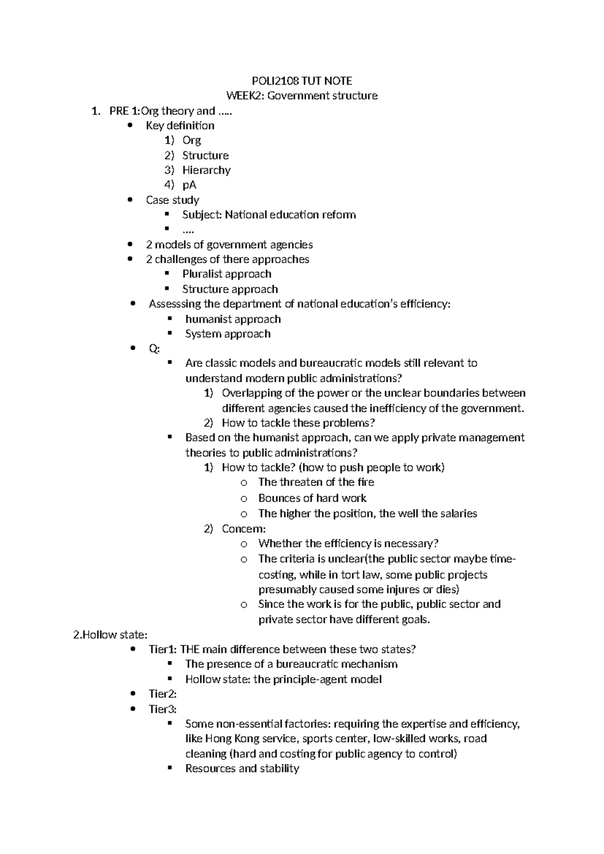 POLI2108 TUT NOTE WEEK2 - POLI2108 TUT NOTE WEEK2: Government structure ...