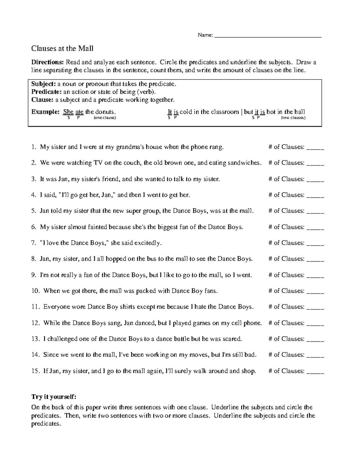 Clauses-worksheet - Name: _____________________________________ Clauses ...