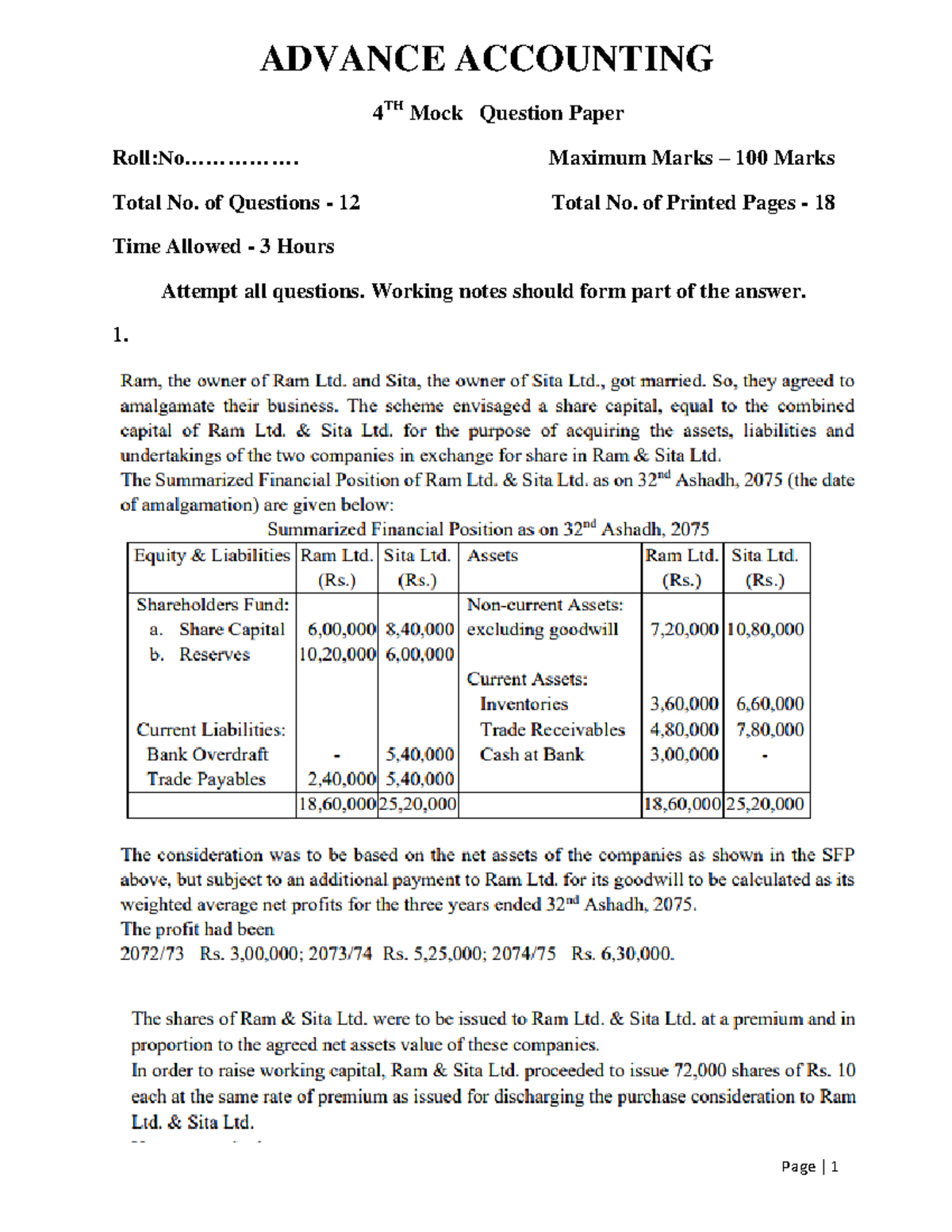 4th Mock Paper 1 Advance Accounting suggetsed answer ADVANCE