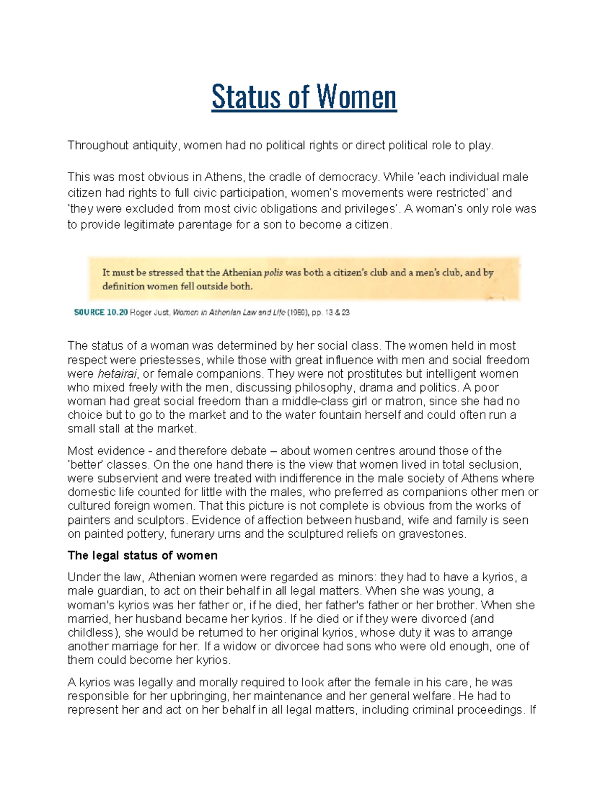 Status of Women - Status of Women Throughout antiquity, women had no ...