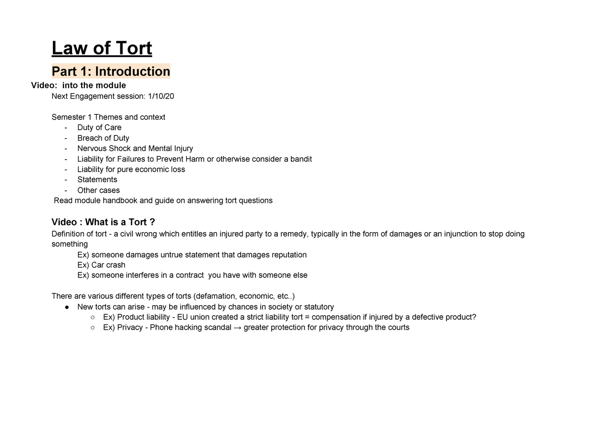 Law Of Tort - Lecture Notes 1-10 - Law Of Tort Part 1: Introduction ...