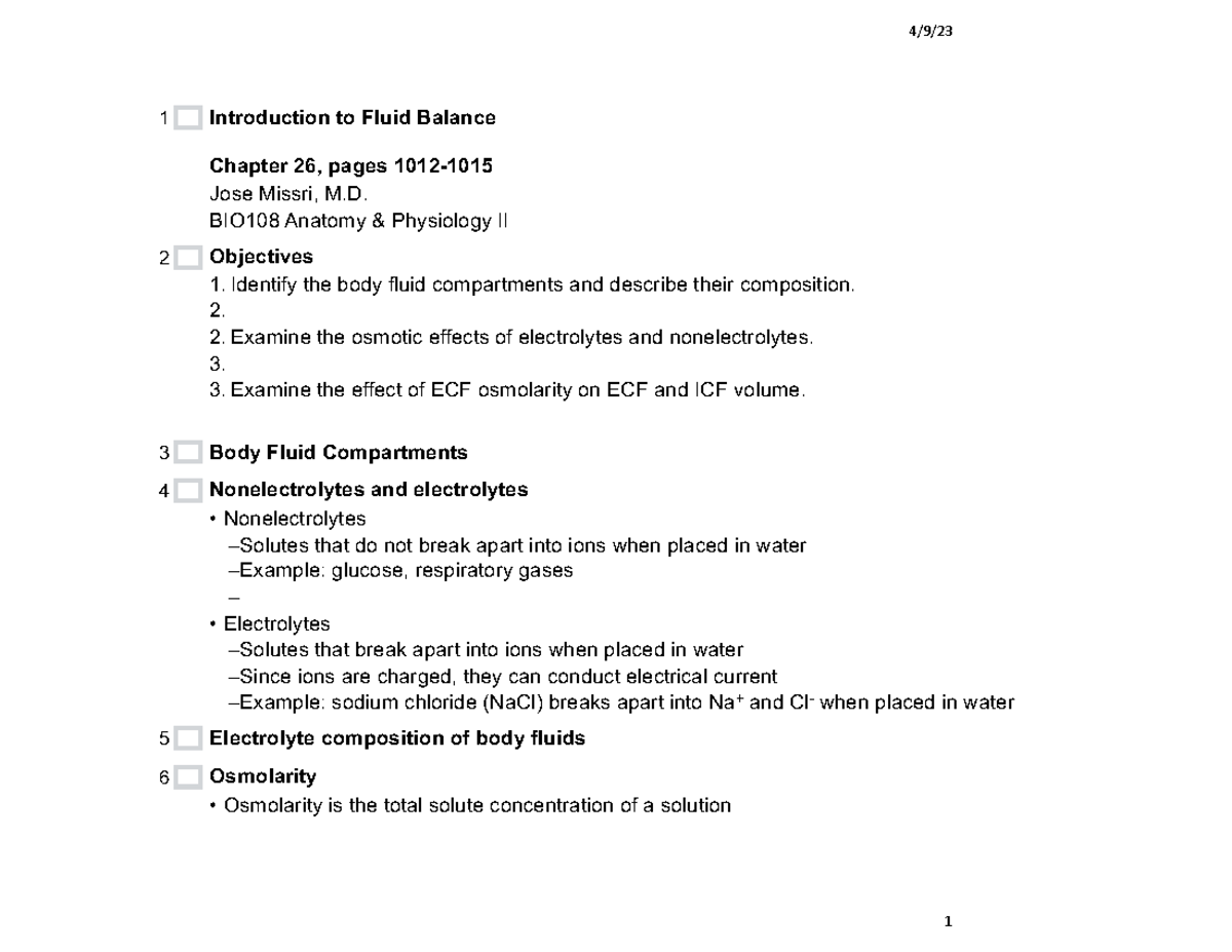 Lecture 17 Introduction to fluid balance 4/9/ 1 Introduction to