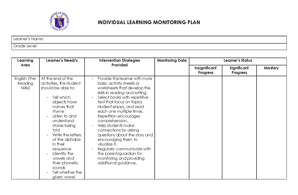 ILMP Checklist for Reading INDIVIDUAL LEARNING MONITORING PLAN
