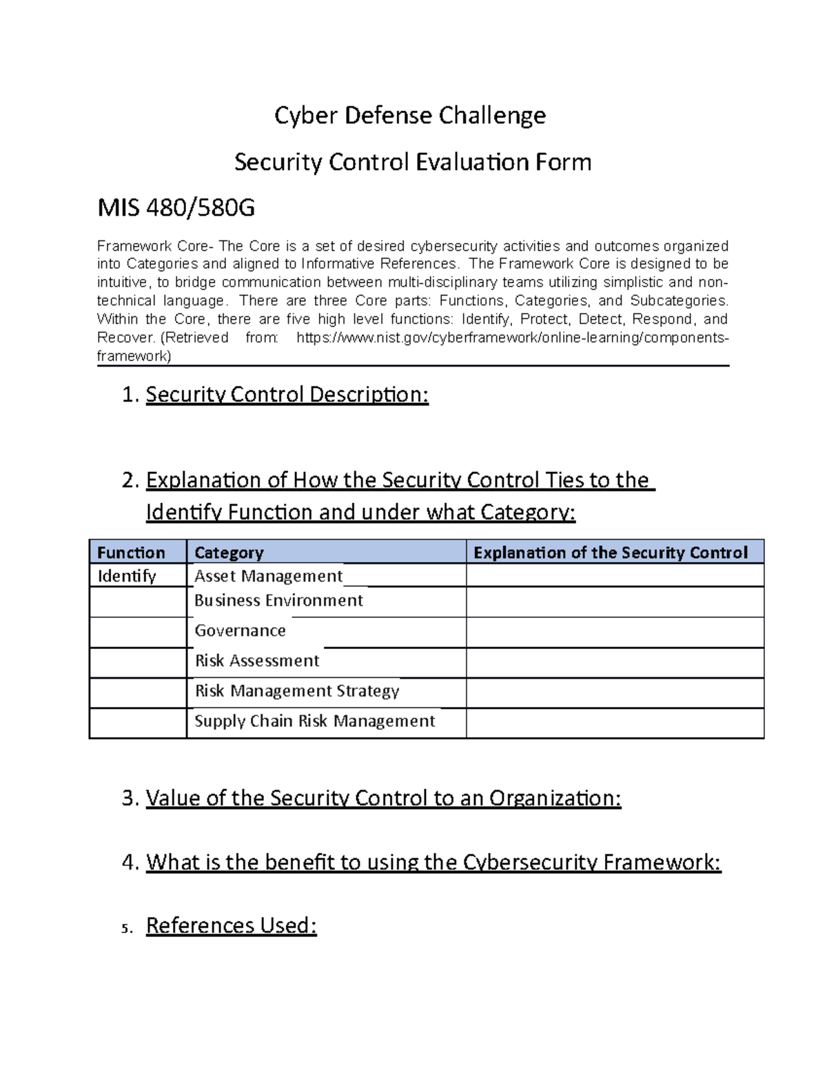 Cyber Defense Challenge Security Control Evaluation Form- Identify ...