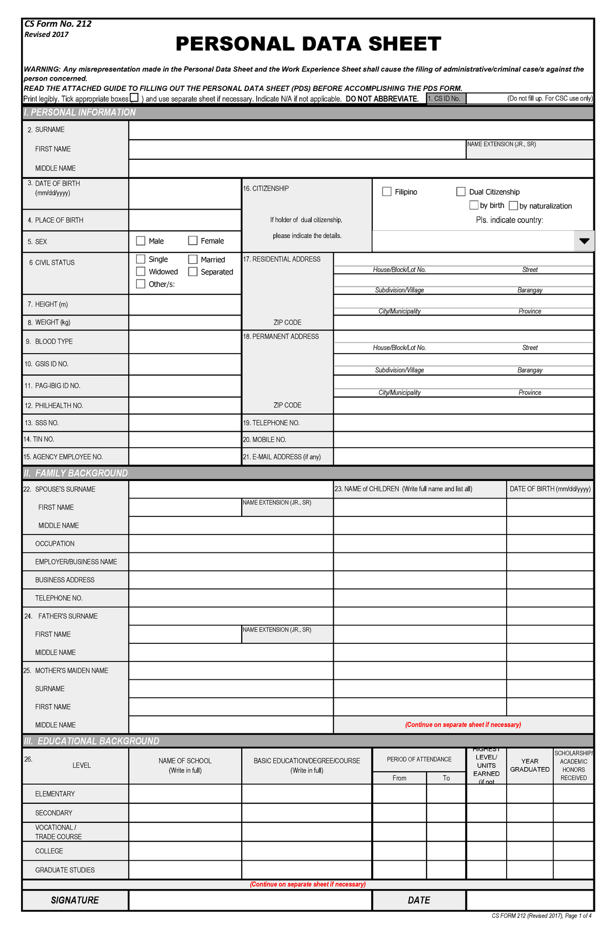 PDS CS Form No 212 Revised 2017 - Print legibly. Tick appropriate boxes ...