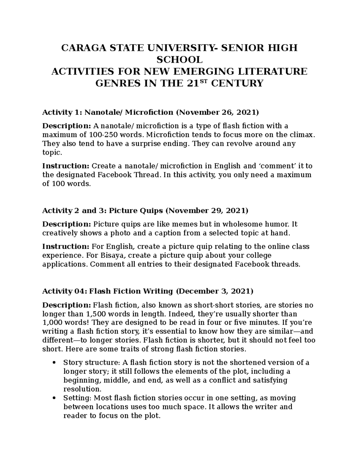 Activities FOR LIT1SHS CARAGA STATE UNIVERSITY SENIOR HIGH SCHOOL