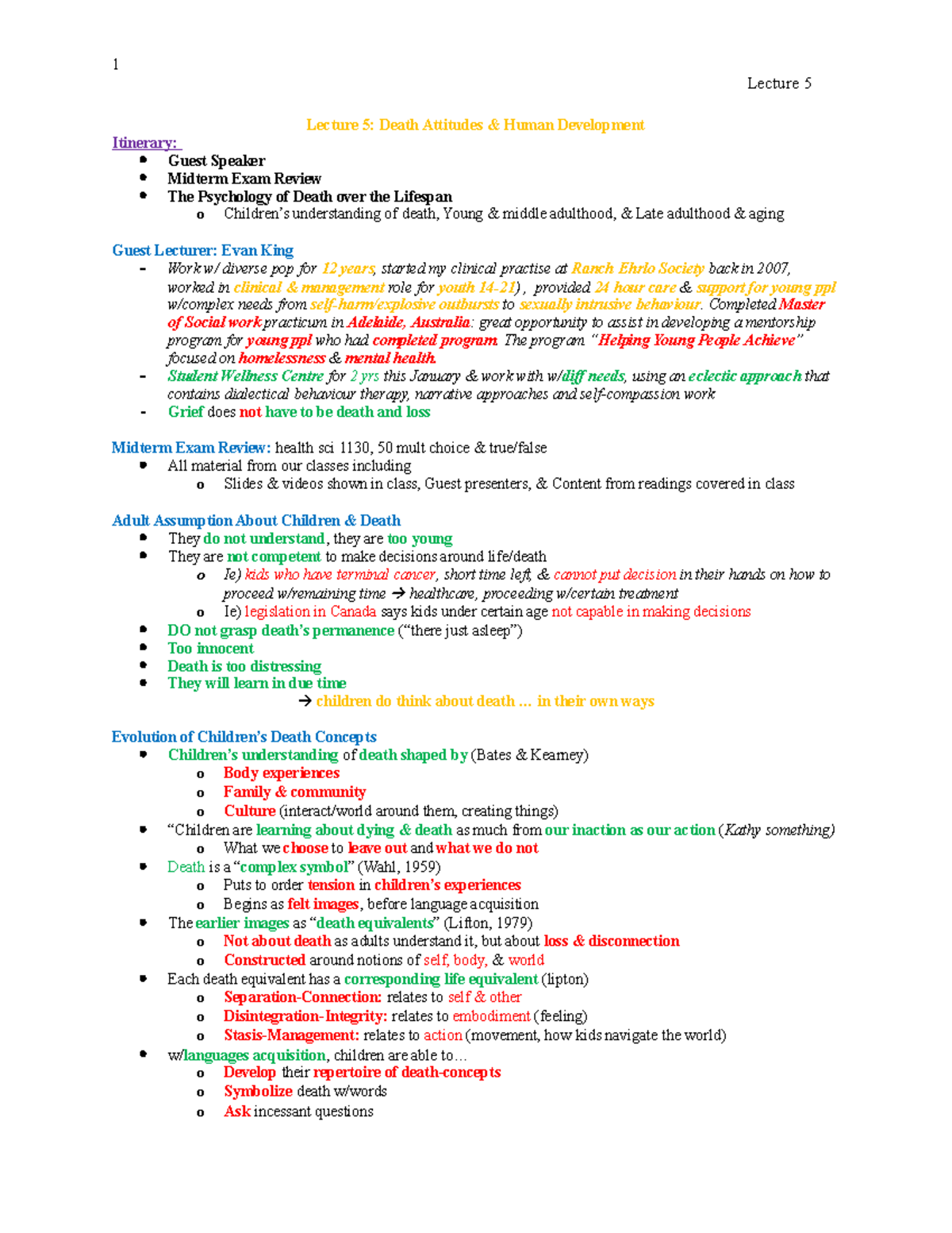 Lecture 5 - Fifth Class Notes - Lecture 5 Lecture 5: Death Attitudes ...
