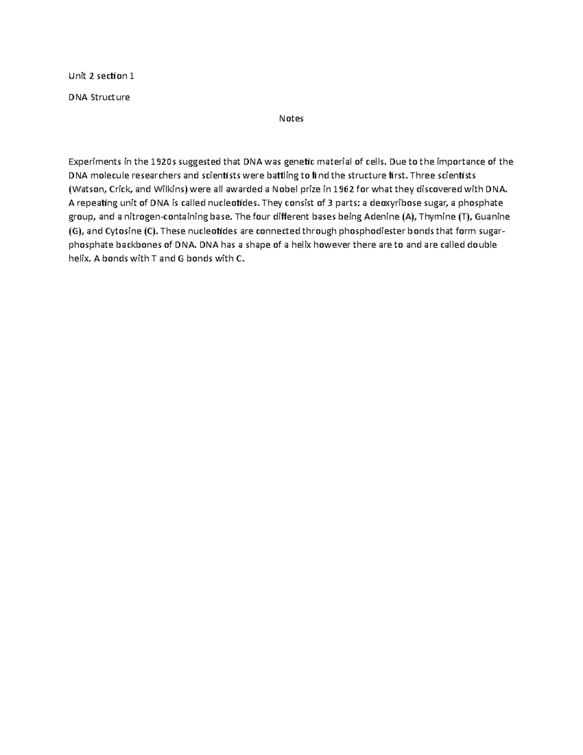 Unit 2 section 1 notes and worksheet - Unit 2 section 1 DNA Structure ...