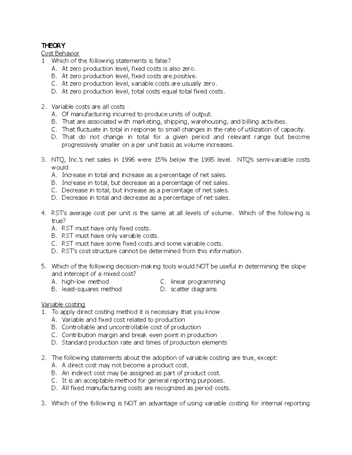 MAS Theory - For references - THEORY Cost Behavior 1 Which of the ...