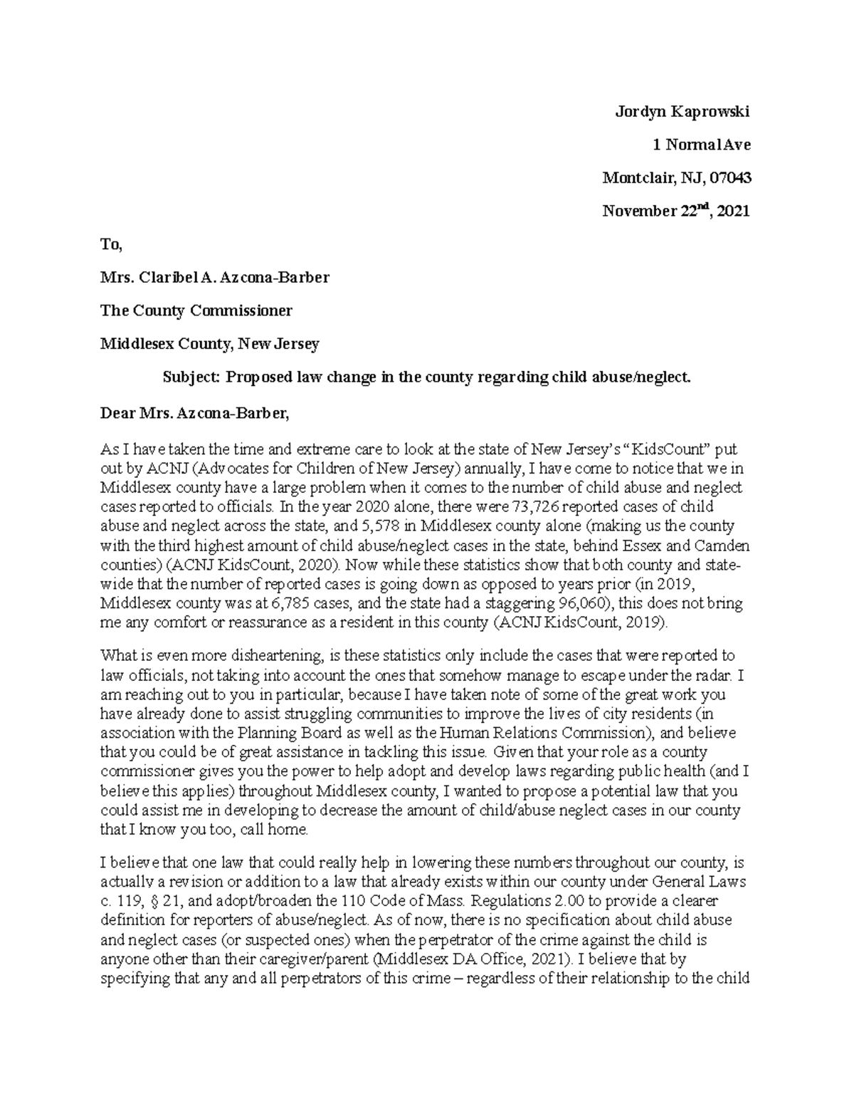 Letter to County Commissioner - Jordyn Kaprowski 1 Normal Ave Montclair ...