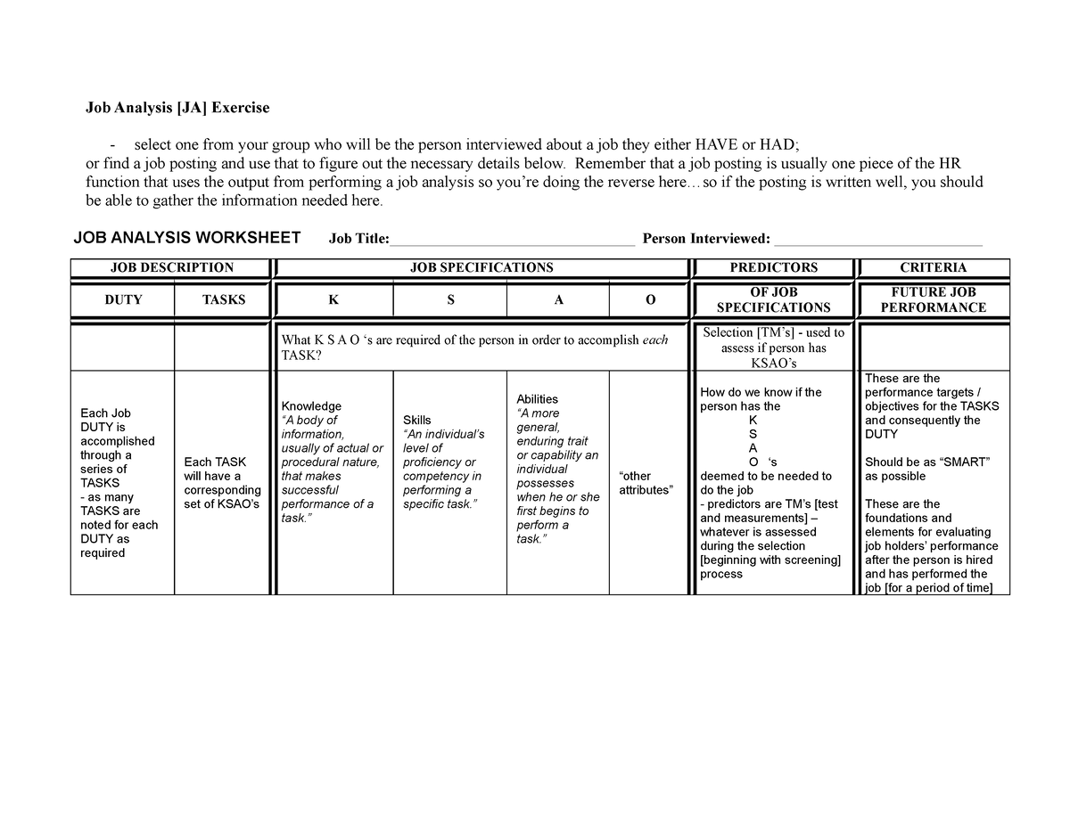 Job Analysisin Class. activity - Job Analysis [JA] Exercise select one ...