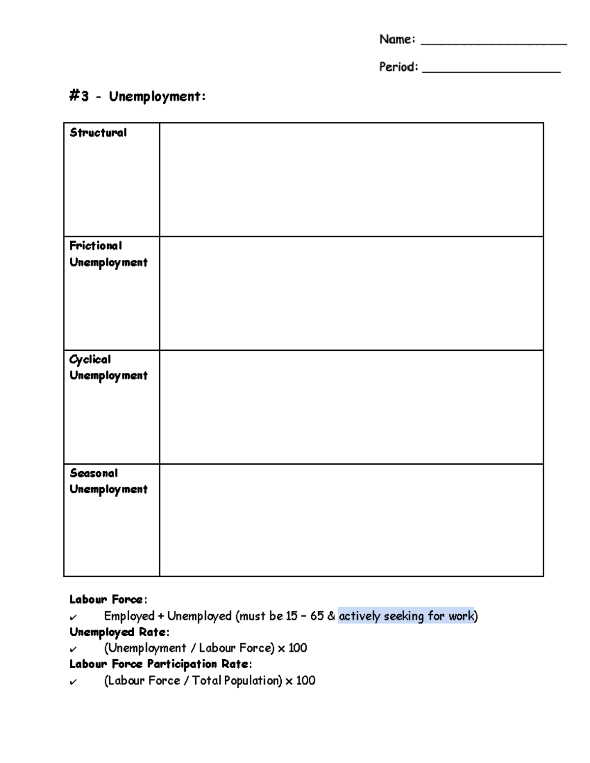Macroeconomics Unemployment Types Activity Worksheet ECO102 U Of T