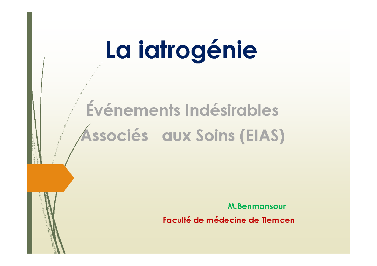 cours medecine 1ere année - La iatrogénie Événements Indésirables