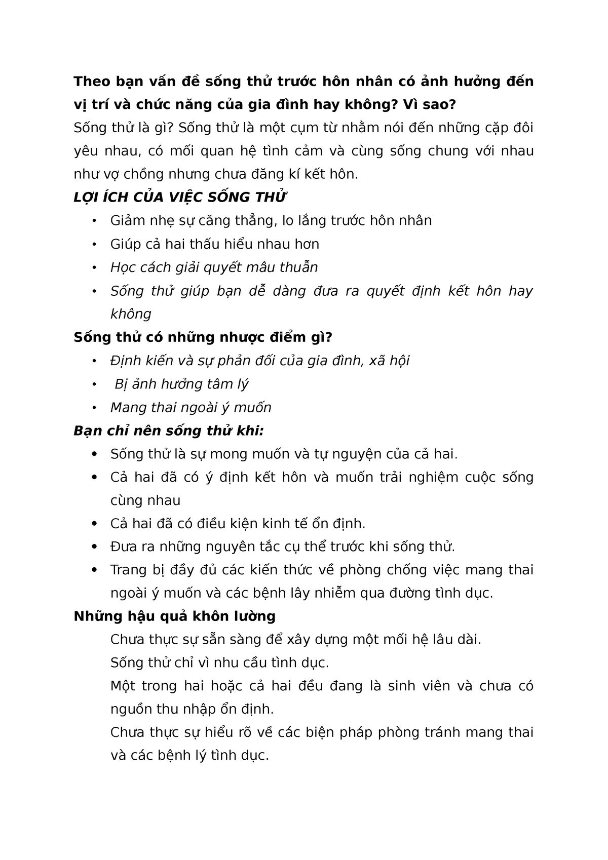 Theo bạn vấn đề sống thử trước hôn nhân có ảnh hưởng đến vị trí và chức ...