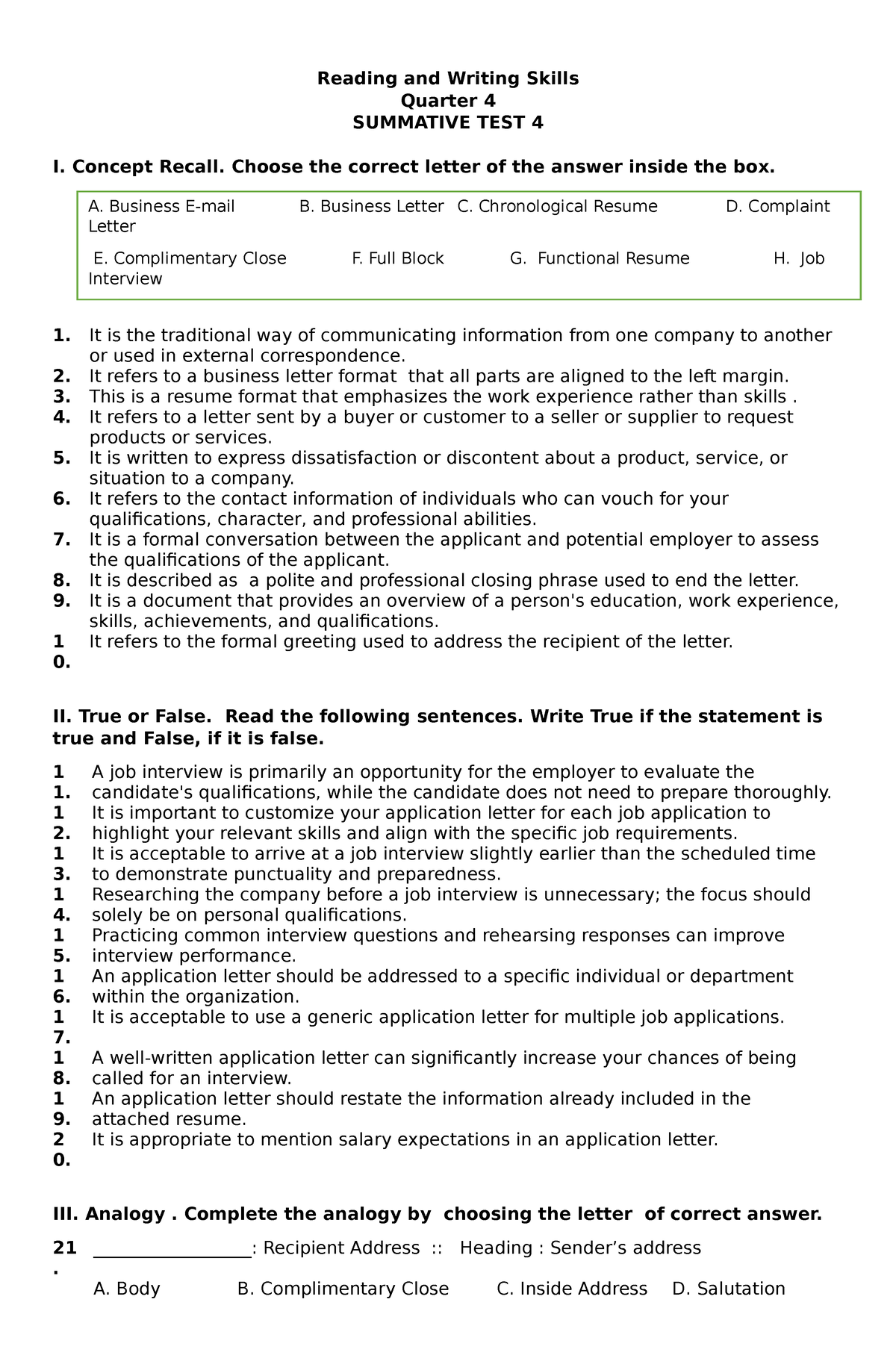 Summative Test 4 - Reading And Writing Skills Quarter 4 SUMMATIVE TEST ...