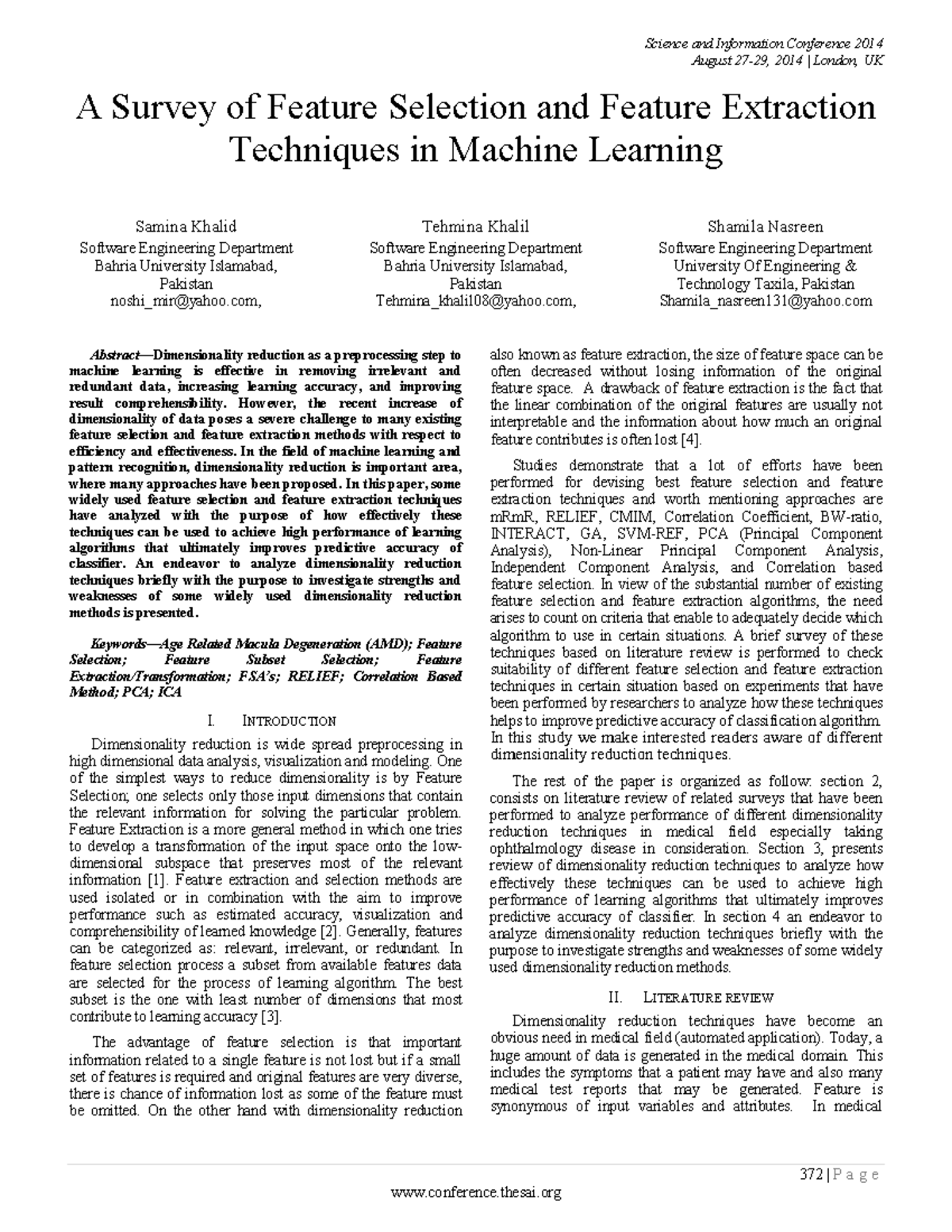 Feature Selection - Lecture notes for Computer Science - August 27-29 ...