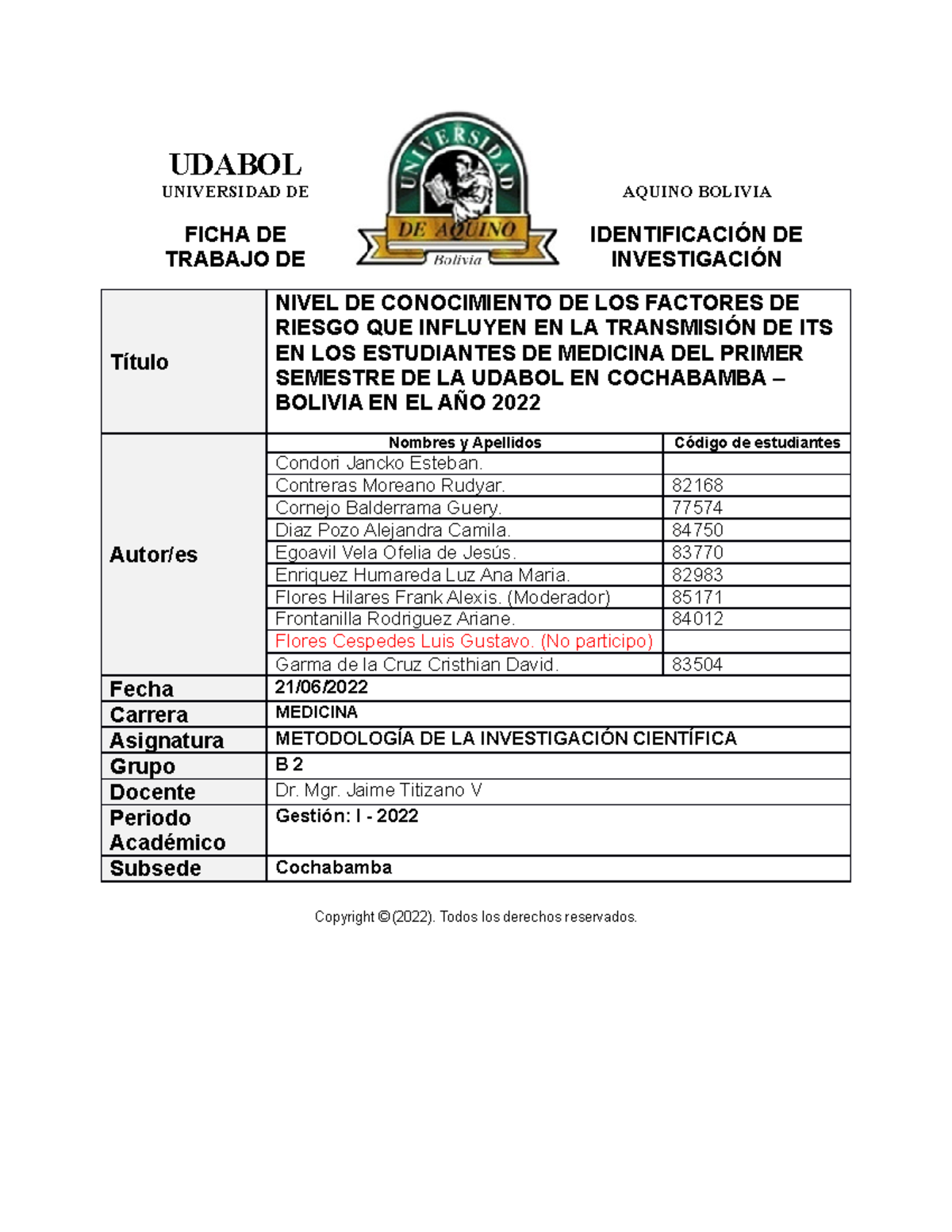 Protocolo Grupo B 2 – Flores – Informe - UDABOL UNIVERSIDAD DE AQUINO ...