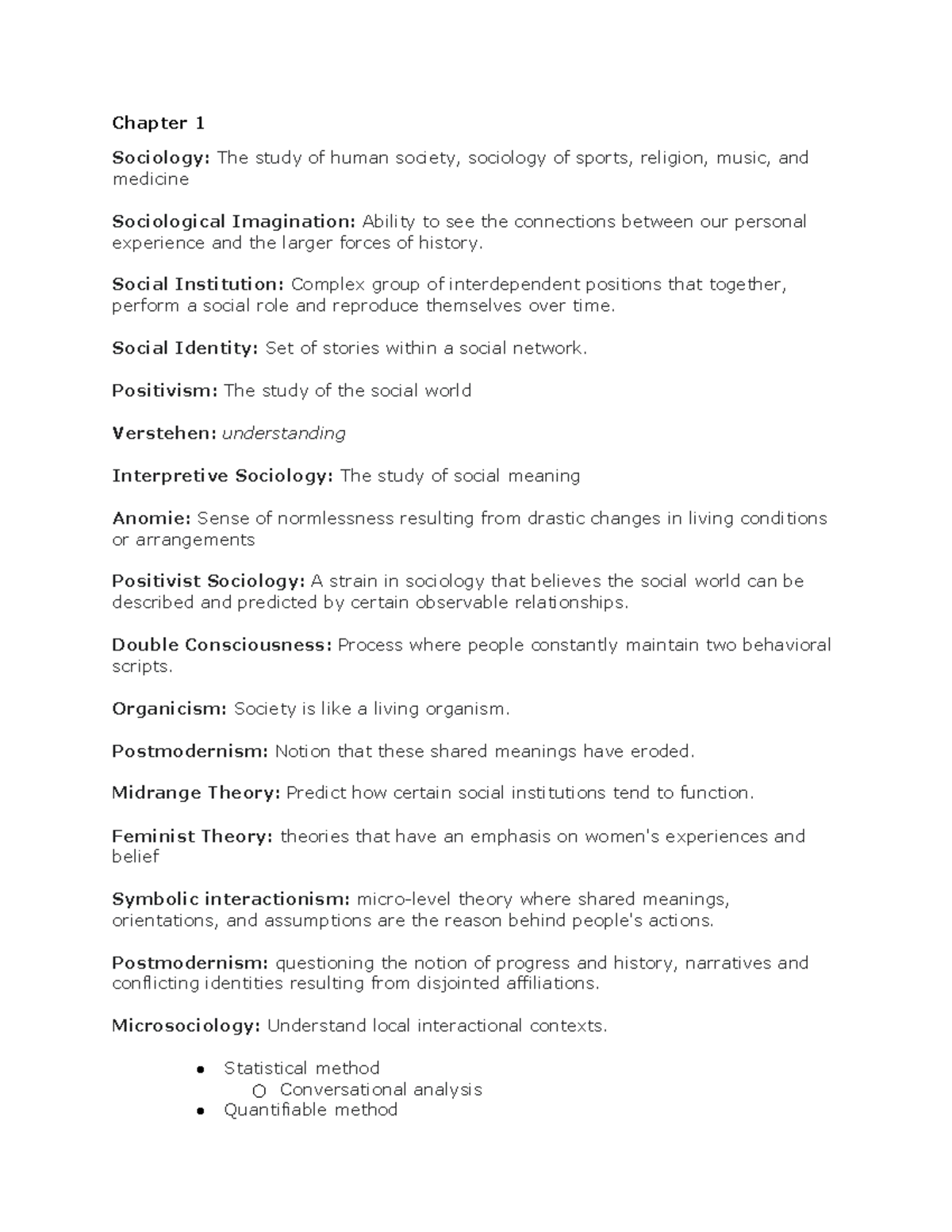 Sociology vocab - Chapter 1 Sociology: The study of human society ...