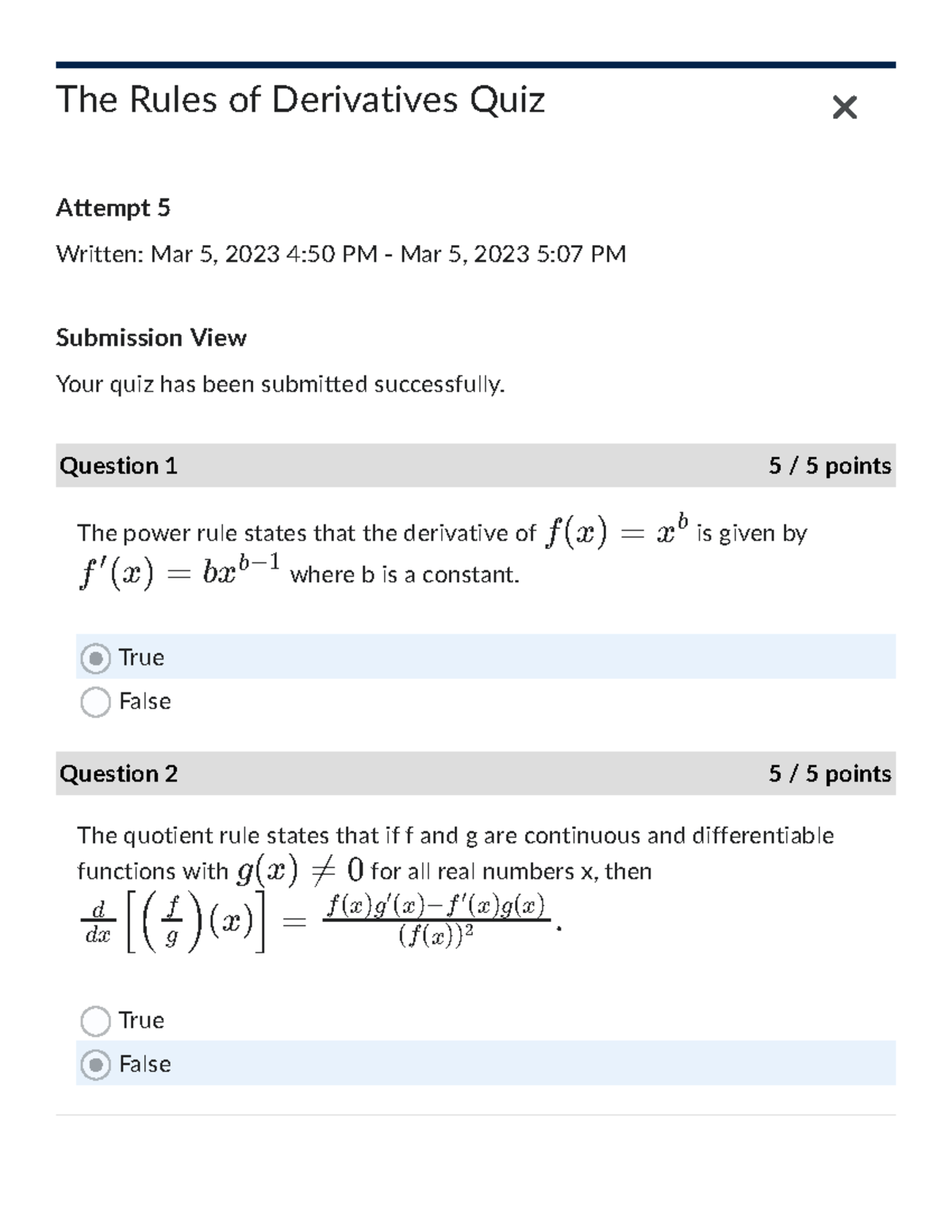  The Rules of Derivatives Quiz Spring 2023 Calculus I (MATH1441