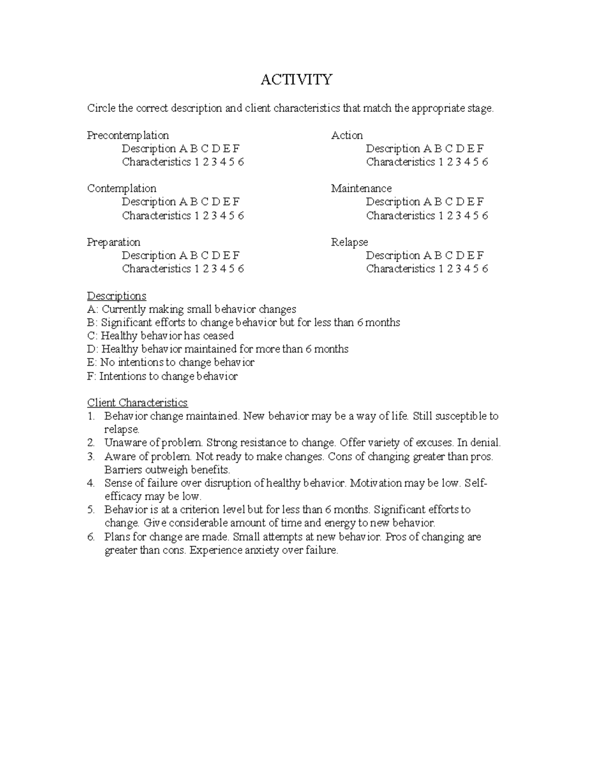 Behavior change activity - ACTIVITY Circle the correct description and ...