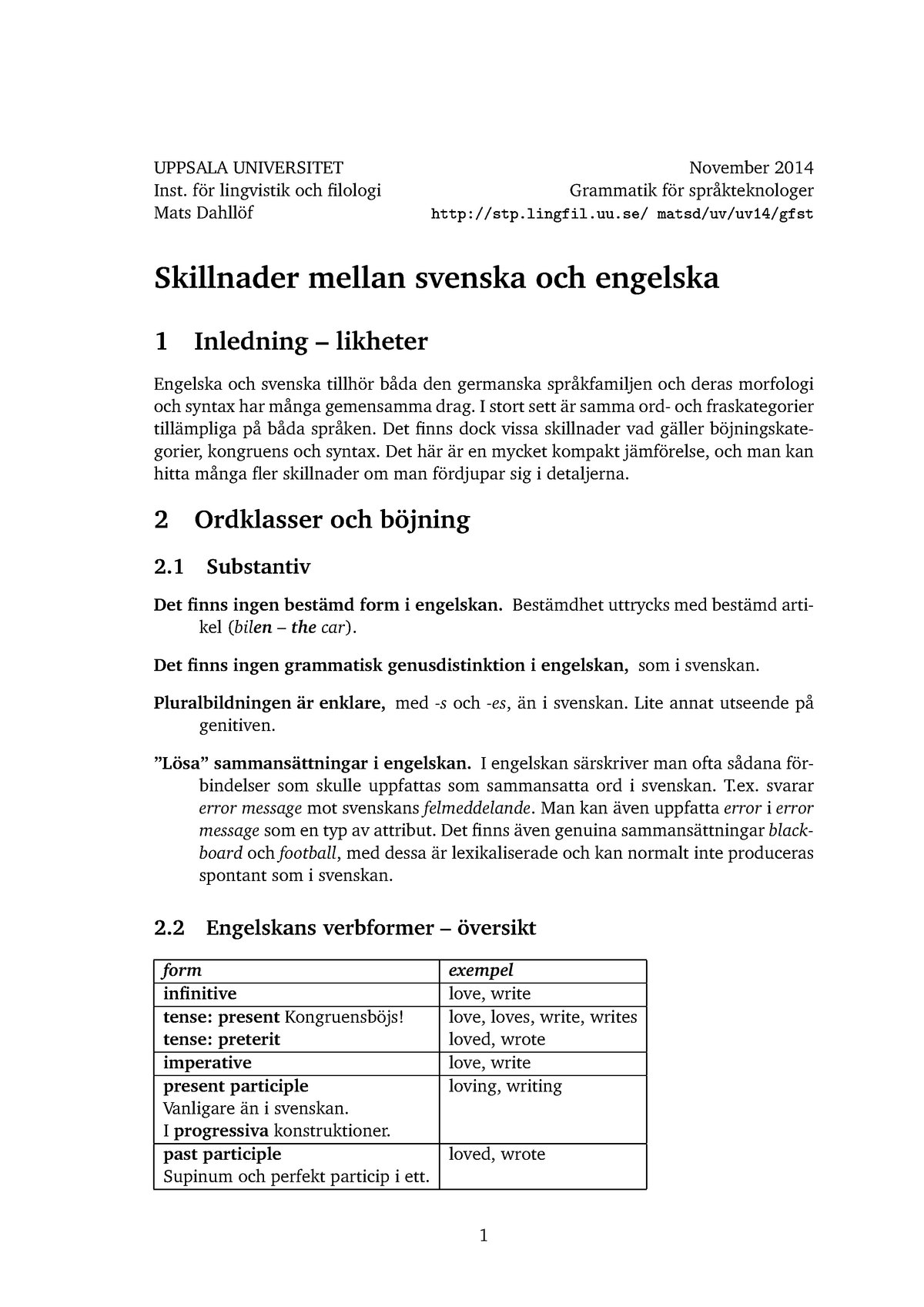 Lecture Notes Lecture Skillnader Mellan Svenska Och Engelska