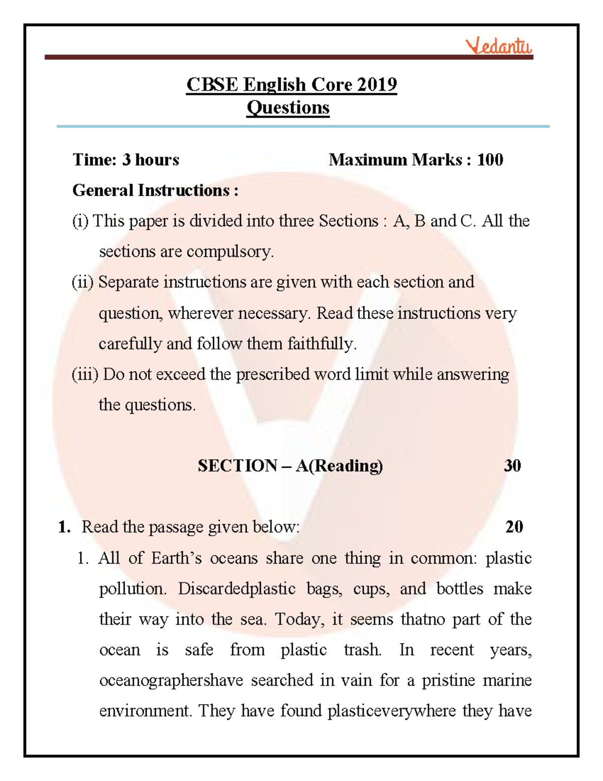 Previous Year English Core Question Paper for CBSE Class 12 - 2019 ...