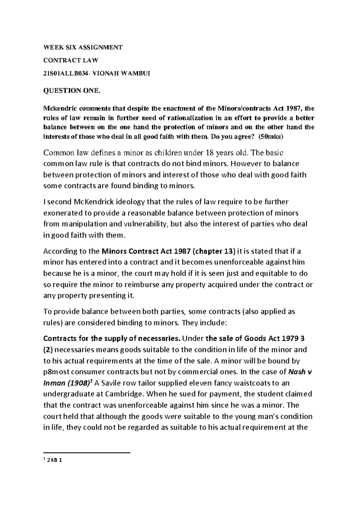 WEEK SIX Assignment - WEEK SIX ASSIGNMENT CONTRACT LAW 21S01ALLB034 ...