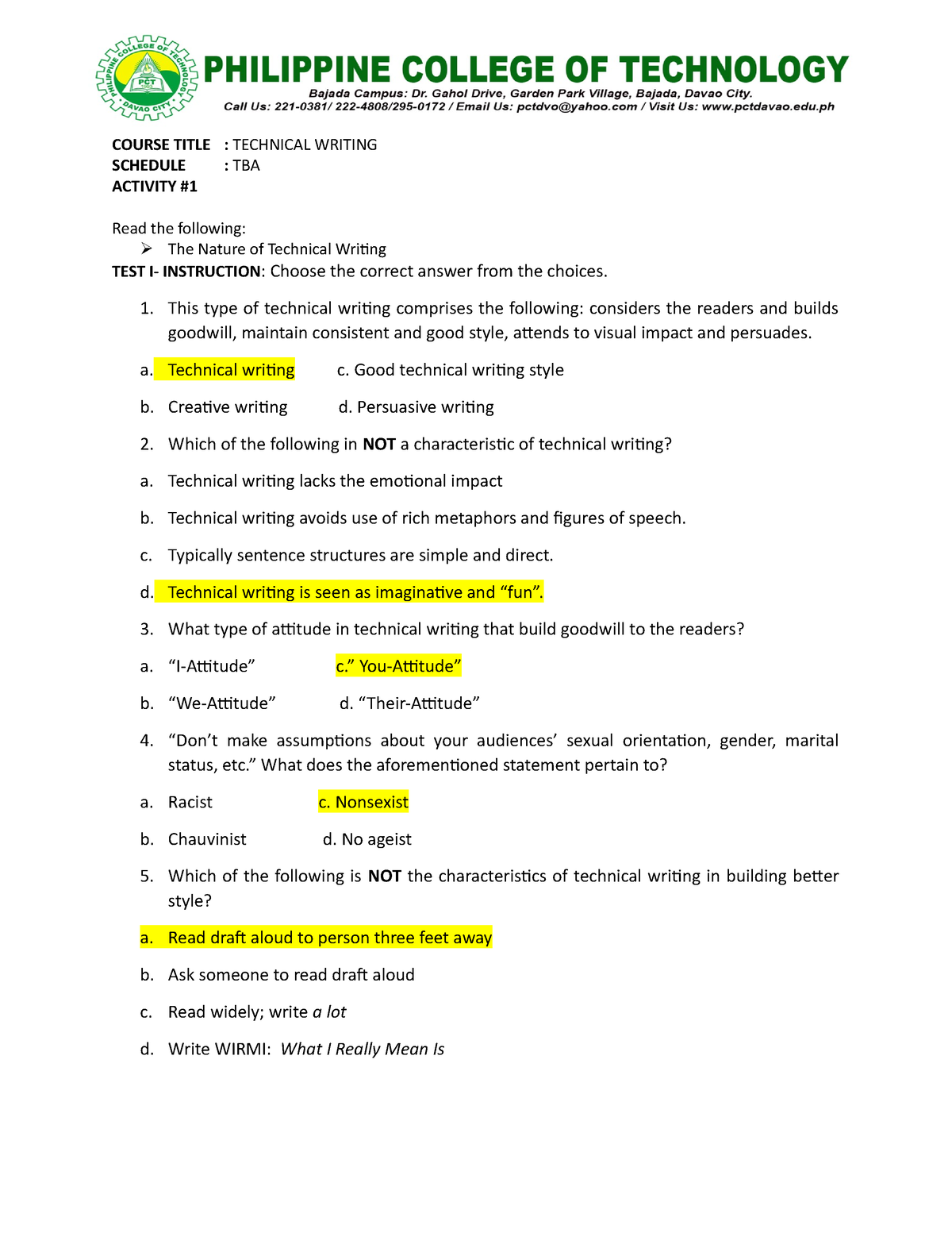 ELT 9 Technical Writing Activity 1 - COURSE TITLE : TECHNICAL WRITING ...