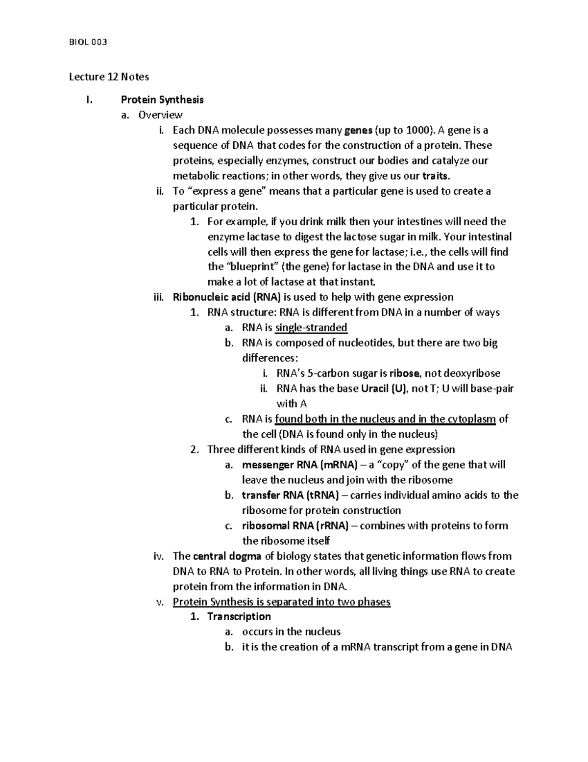 Lecture 12 Notes, Protein Synthesis - BIOL 003 Lecture 12 Notes I ...