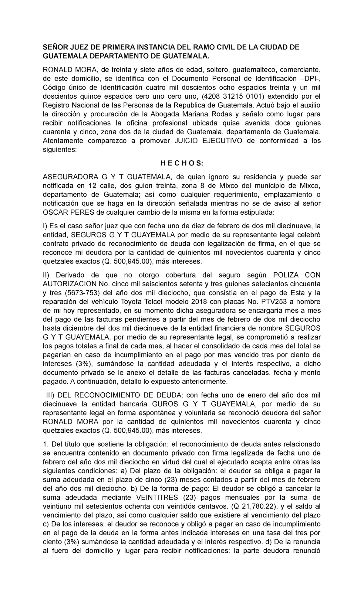 Demanda de juicio ejecutivo - SEÑOR JUEZ DE PRIMERA INSTANCIA DEL RAMO ...