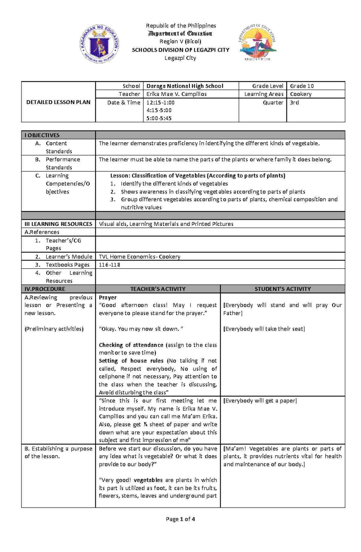 Lesson Plan, Campillos - G10 (Classification of Vegetables) - Republic ...